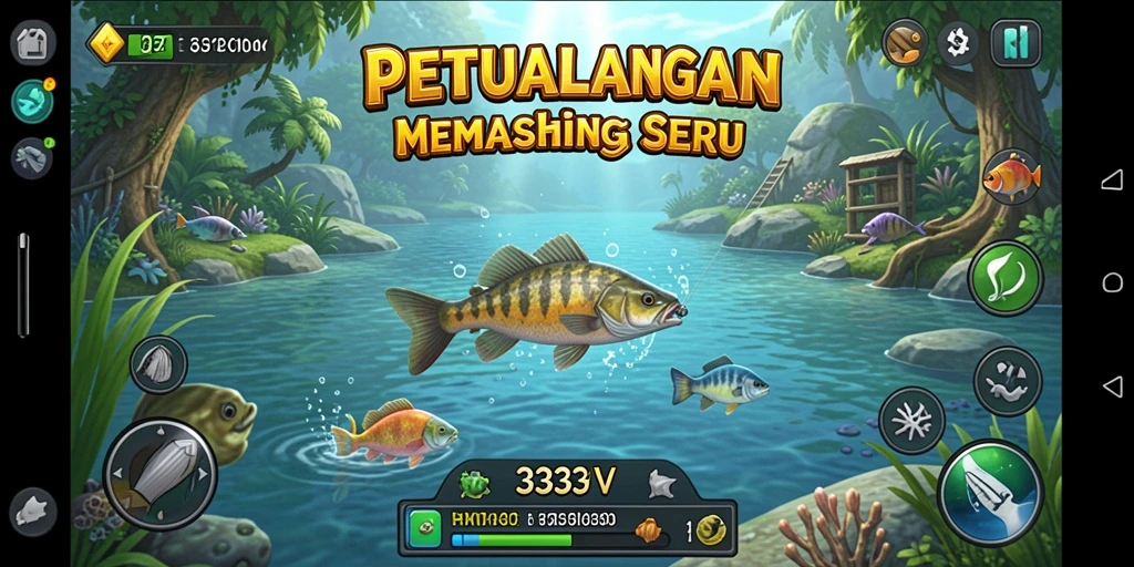 Tampilan gameplay menarik dari 333V saat memancing di tepi danau.