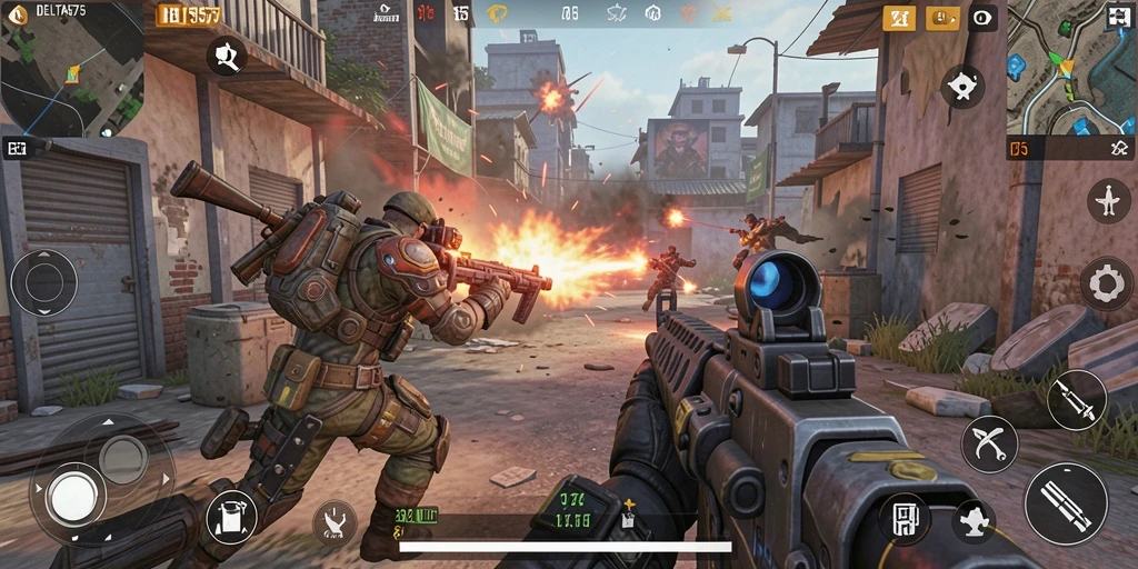 Tampilan utama gameplay DELTA575 menampilkan aksi pertempuran seru.