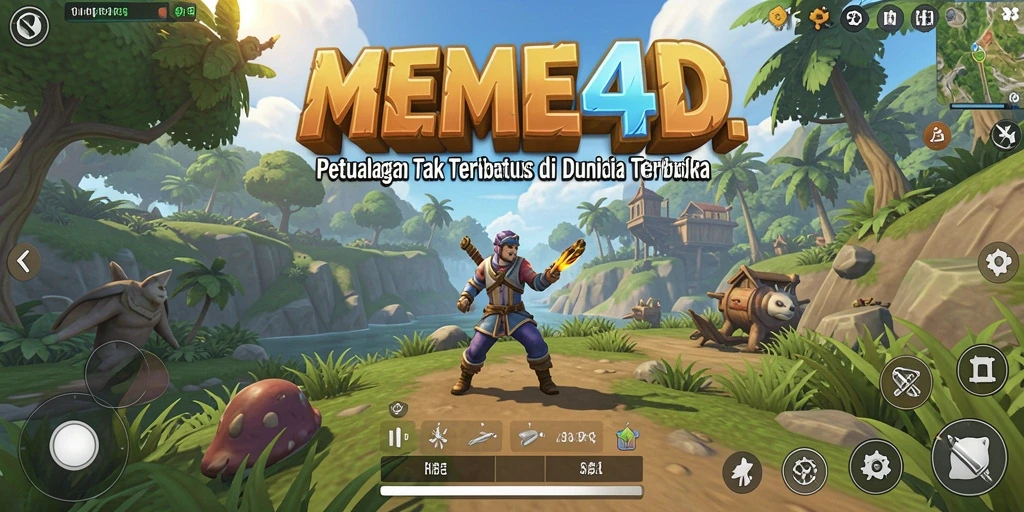 Screenshot gameplay MEME4D menunjukkan petualangan seru di dunia terbuka.