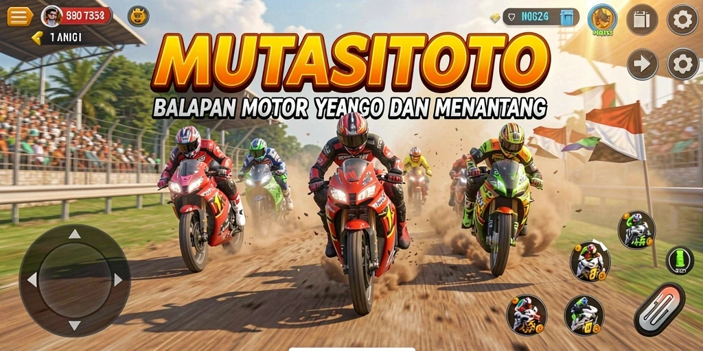 Screenshot gameplay MUTASITOTO yang penuh aksi balapan motor.