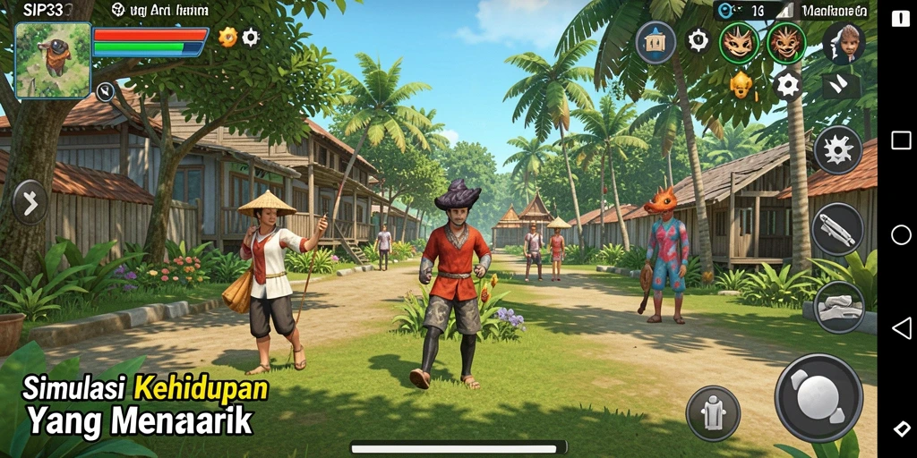 Tampilkan gameplay SIP33 dengan karakter yang berinteraksi dalam lingkungan yang kaya.